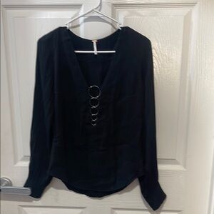 Free People Black Cut Out Long Sleeve Blouse
